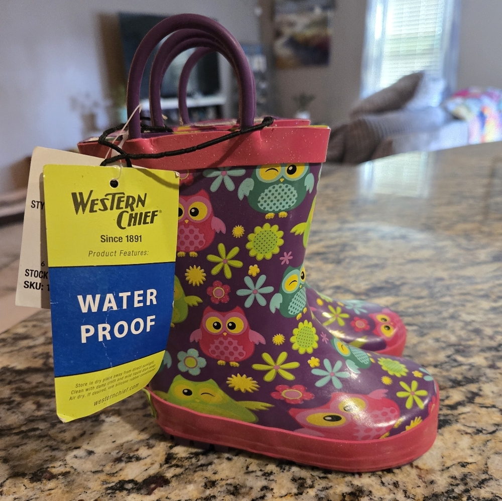 Western Chief Kids' Owl Print Rain Rubber Boots Toddler Sz 5/6 Nee